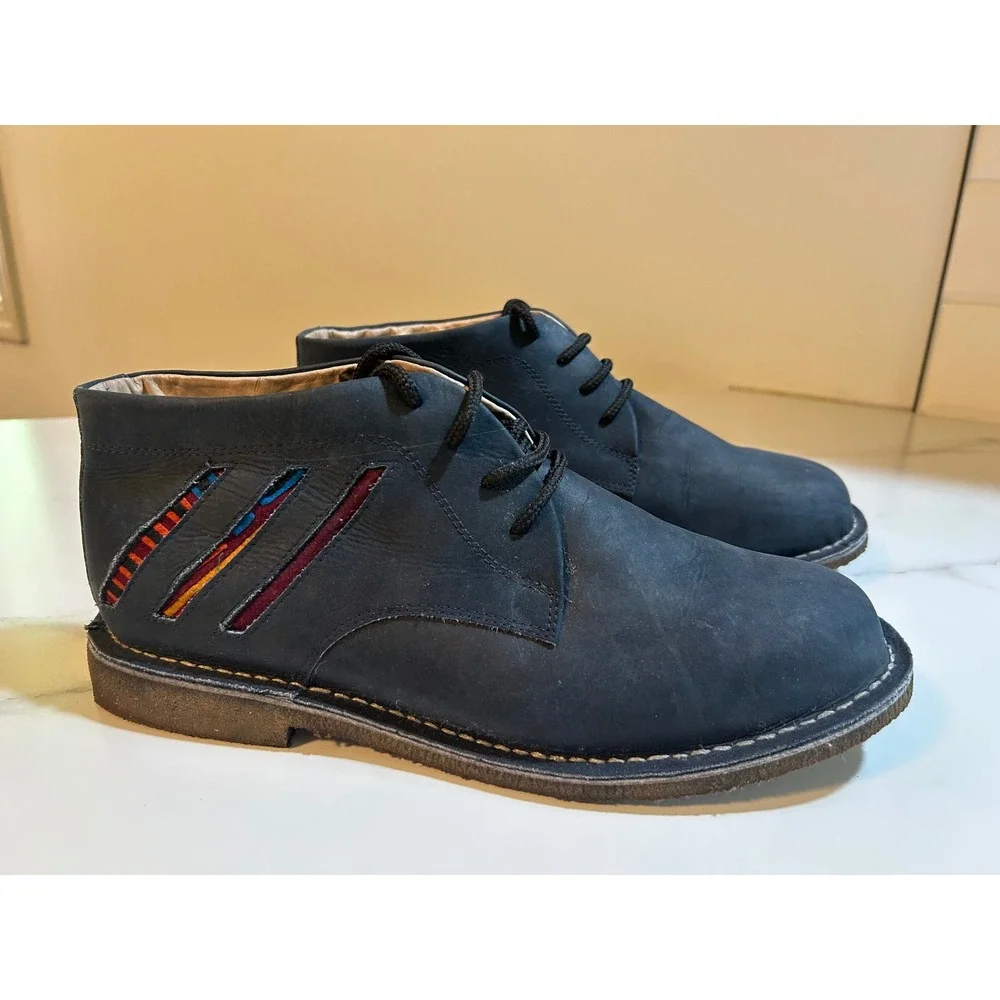Mabacol Handmade Art Mens Navy Blue Leather Chukka Boots MultiColor Detail Sz 13
